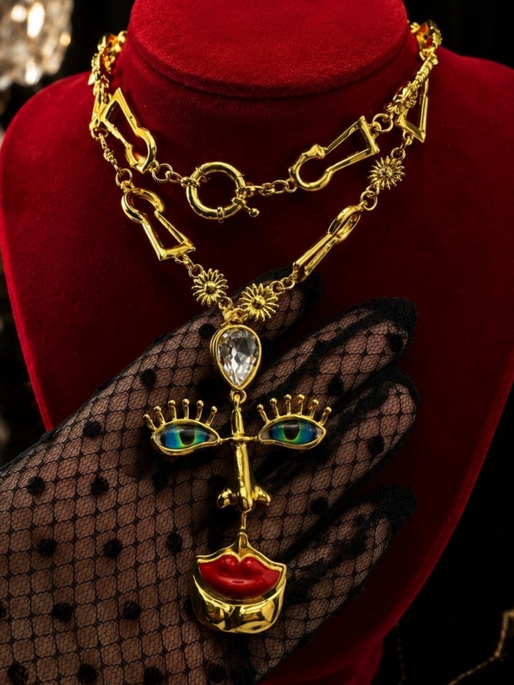Gold Surrealist Face Pendant Necklace